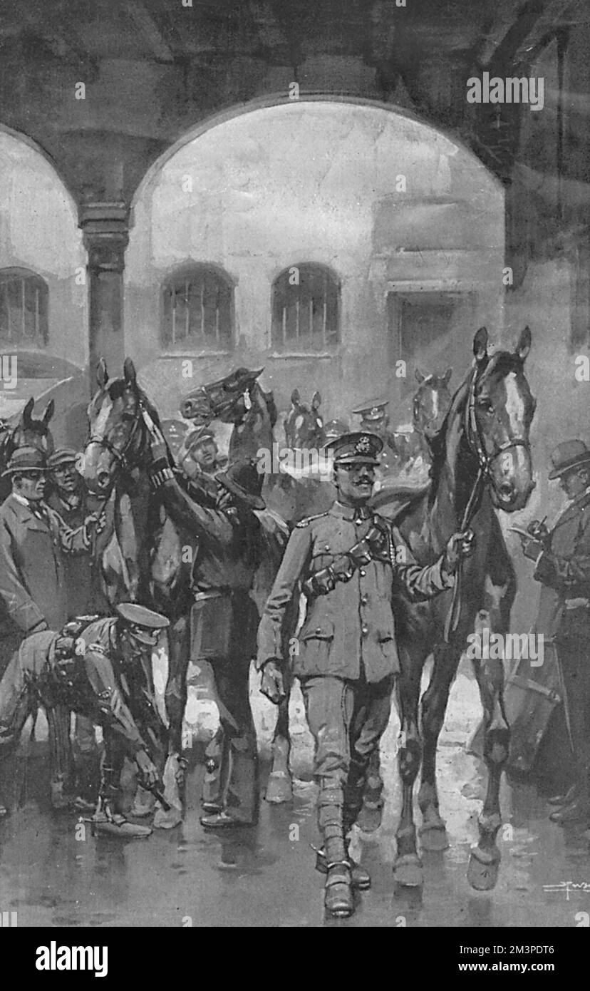 Wanted for the Army -- raccogliere e marcare a caldo cavalli per le truppe presso le stalle di W H Smith, i famosi newsagents, sullo scoppio della prima guerra mondiale. Data: 1914 Foto Stock