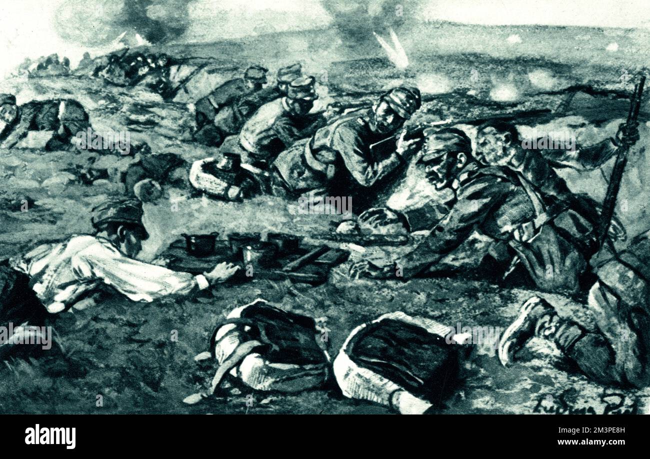 WW1 - fronte orientale - i soldati austriaci strisciano per consegnare razioni ai soldati in trincee poco profonde, mentre sotto il fuoco a guscio russo. Data: 1915 Foto Stock