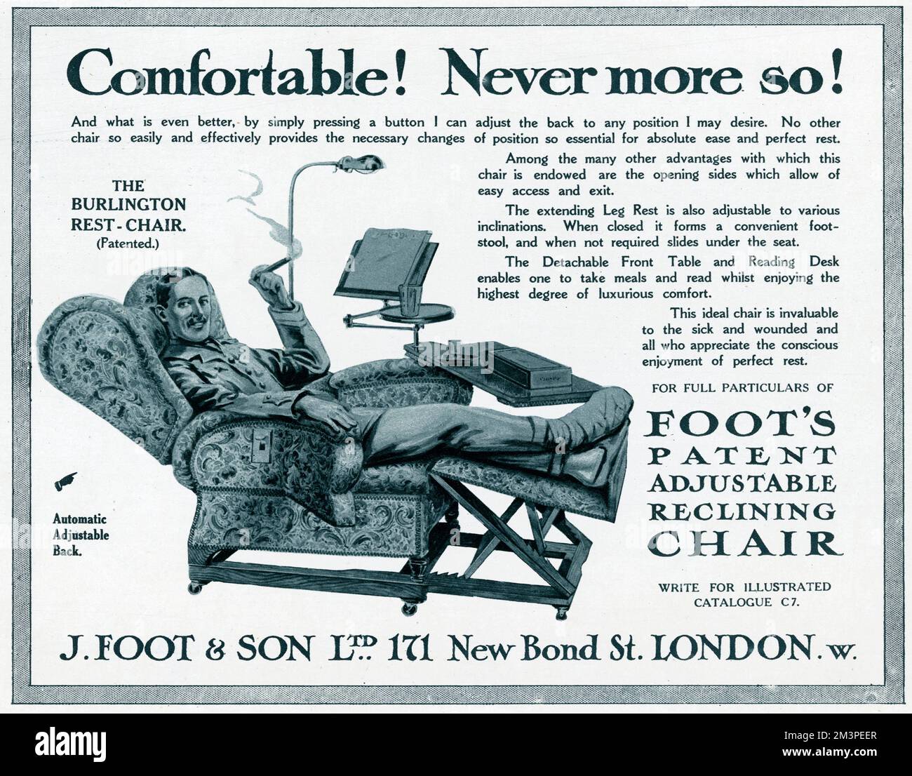 WW1 - Una pubblicità di prodotto che promuove 'la Burlington Rest-Chair', una sedia reclinabile regolabile. Il prodotto è pubblicizzato come la sedia ideale per i malati e feriti. Dopo il ritorno dalla guerra, questa era presumibilmente la sedia ideale per recuperare salute e stabilità, in 'perfetto' riposo e comfort. Foto Stock
