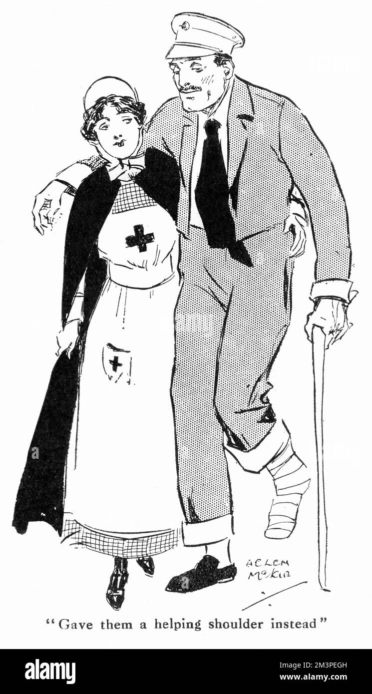 Un'infermiera aiuta un soldato ferito con un piede bandito. Data: 1915 Foto Stock