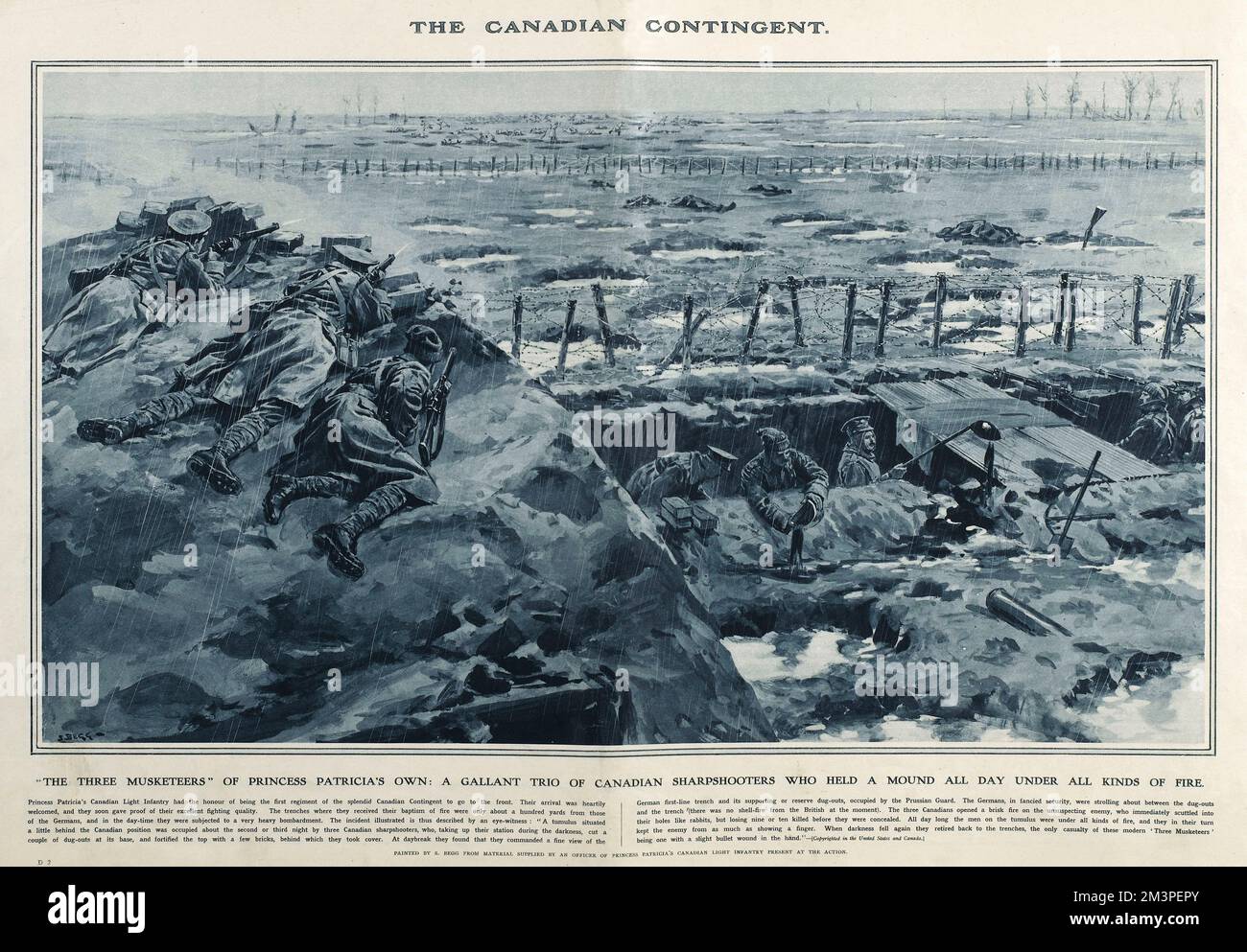 Un allant trio di sharpshooters canadesi (fanteria leggera canadese della principessa Patricia), soprannominato i tre moschettieri, tenendo un tumulo tutto il giorno sul fronte occidentale sotto tutti i tipi di fuoco. Riproduzione di un dipinto di S Begg in Great War Deeds, uno speciale supplemento panorama prodotto dal Notiziario illustrato di Londra nel 1915, caratterizzato da azioni eroiche della prima guerra mondiale. Data: 1915 Foto Stock