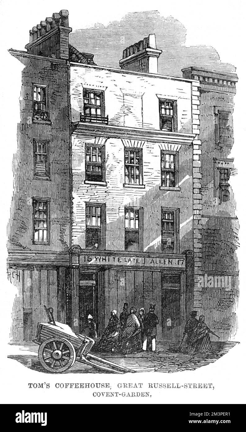 Tom's Coffee House a Russell Street, Covent Garden, Londra nel 1865. Fondata intorno al 1700 da Thomas West che morì dopo essersi buttato da una seconda finestra di storia nel 1722 in un delirio. Data: 1865 Foto Stock
