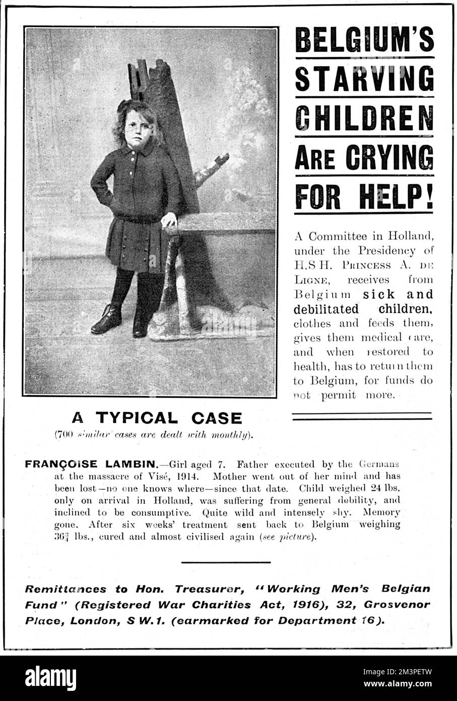 Pubblicità che appella fondi per aiutare i bambini belgi affamati durante la prima guerra mondiale. Rimesse da inviare al tesoriere del Fondo belga per i lavoratori. 1917 Foto Stock