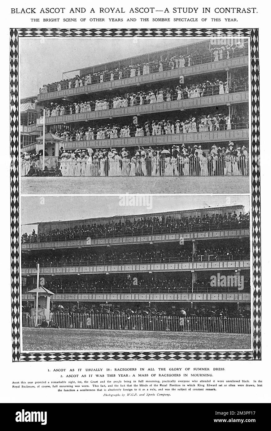 Fotografie che mostrano un Ascot reale e l'"Ascot Nero" nel 1910 - a causa della recente morte di Edoardo VII, racegoers ad Ascot vestire in nero. Data: 1910 Foto Stock