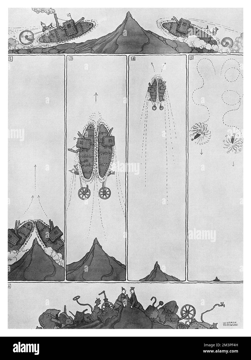 Un cartone animato in tempo di guerra di William Heath Robinson che mostra due carri armati che si caricano in battaglia, solo per schiantarsi testa su, volare Uniti in aria e cadere a terra, frantumati in pezzi. Data: 1917 Foto Stock