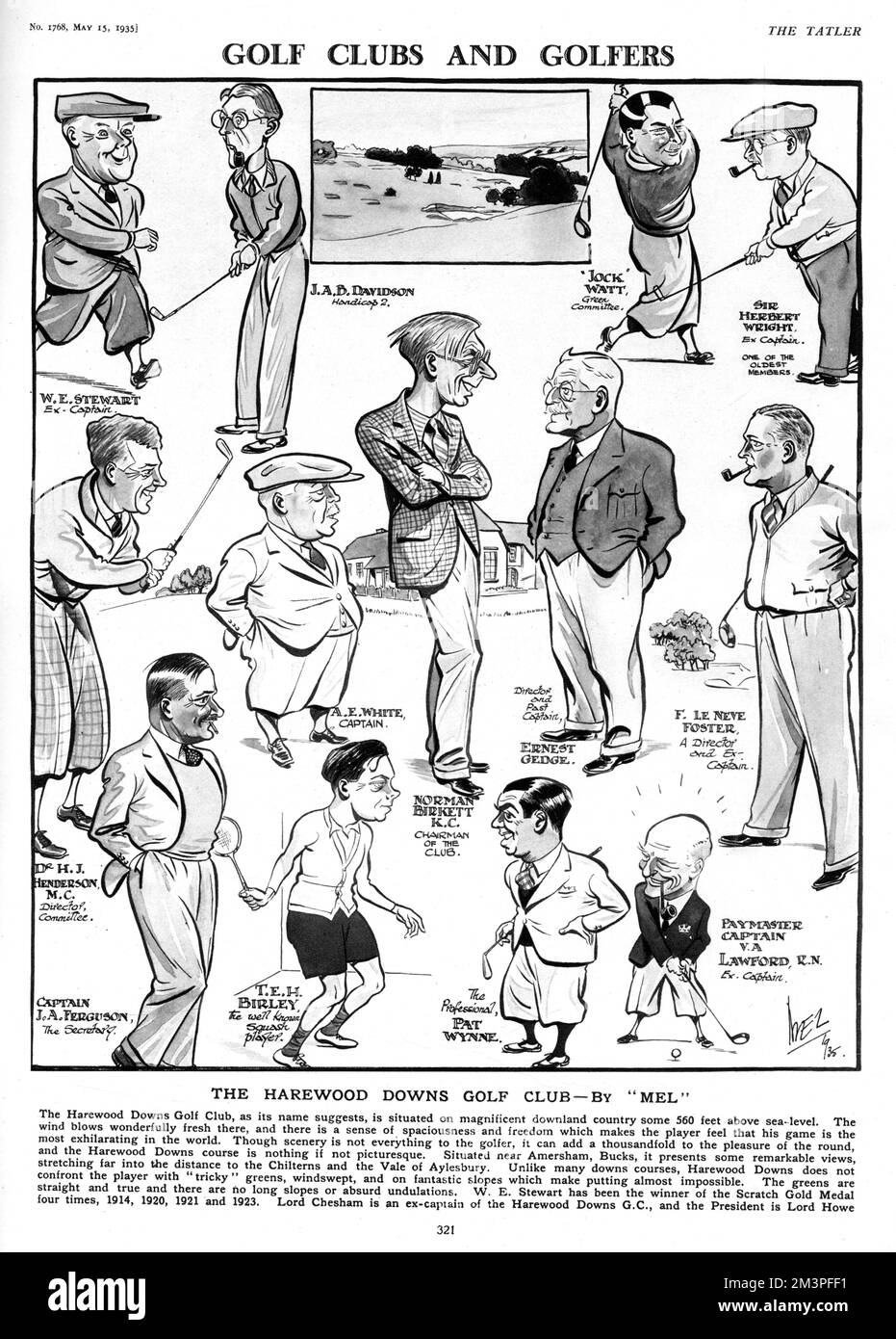Il Harewood Downs Golf Club, raffigurato dal caricaturista Mel, con W. E. Stewart, J. A. B. Davidson, Jock Watt, Sir Herbert Wright, Dr. H. J. Henderson, M.C., A. E. White, Norman Birkett, Ernest Gedge, F. le neve Foster, Capitano J. A. Ferguson, T.E.H. Birley, Pat Wynne e Paymaster Captain V. A. Lawford, R.N. Data: 1935 Foto Stock