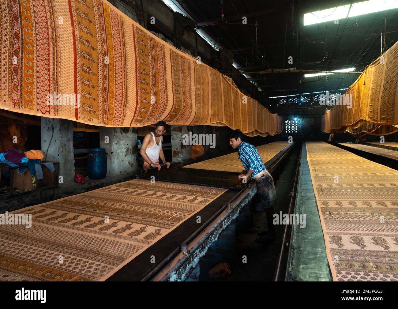 Laboratorio di stampa manuale dello schermo, Rajasthan, Jaipur, India Foto Stock
