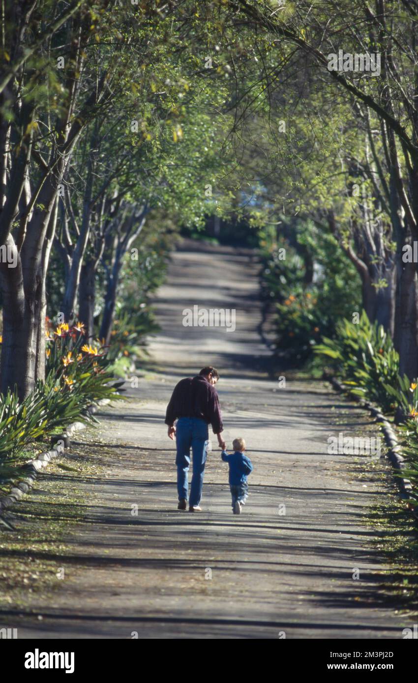 Colpo lungo di un padre e di un figlio che cammina lungo un sentiero alberato Foto Stock