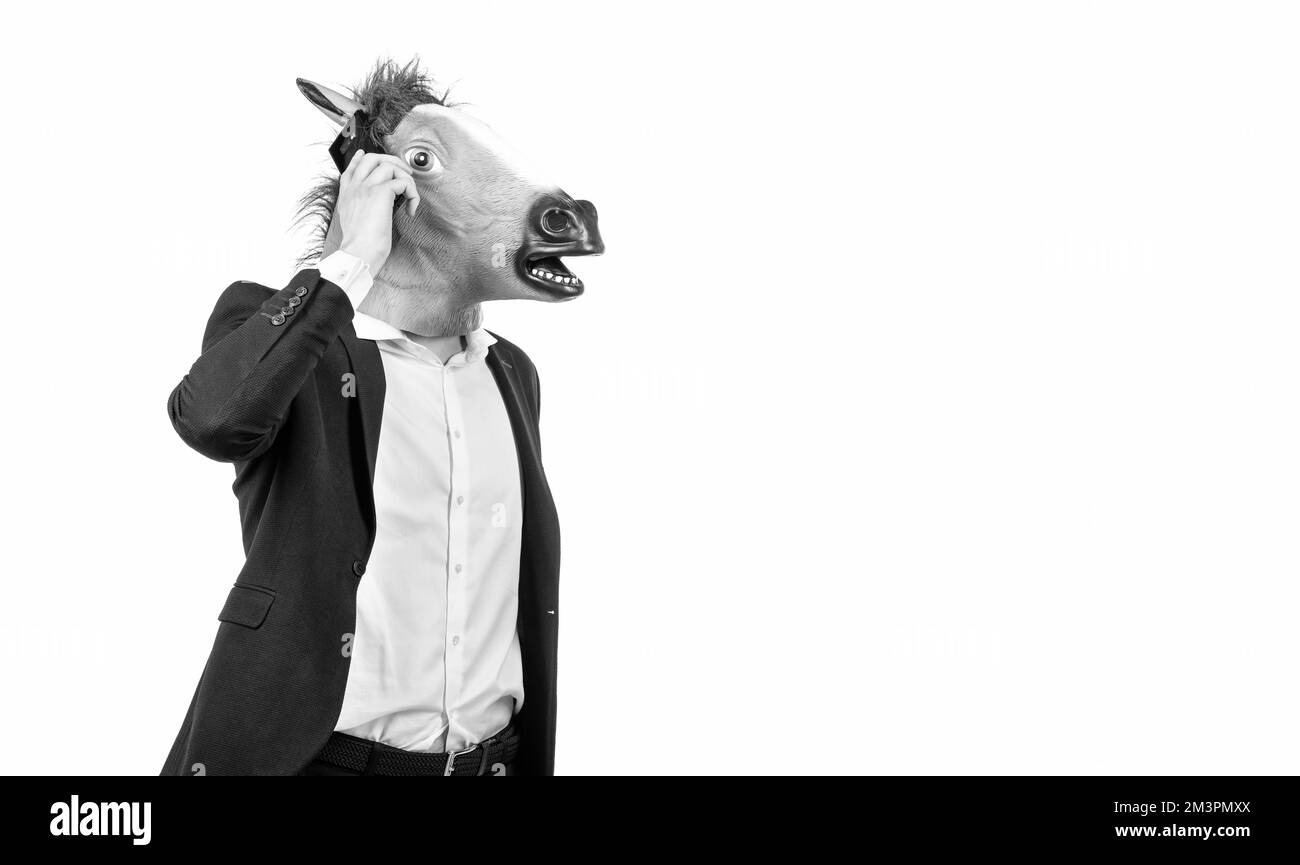 Uomo d'affari in testa di cavallo e tuta di affari parlare sul telefono cellulare isolato su bianco, comunicazione Foto Stock