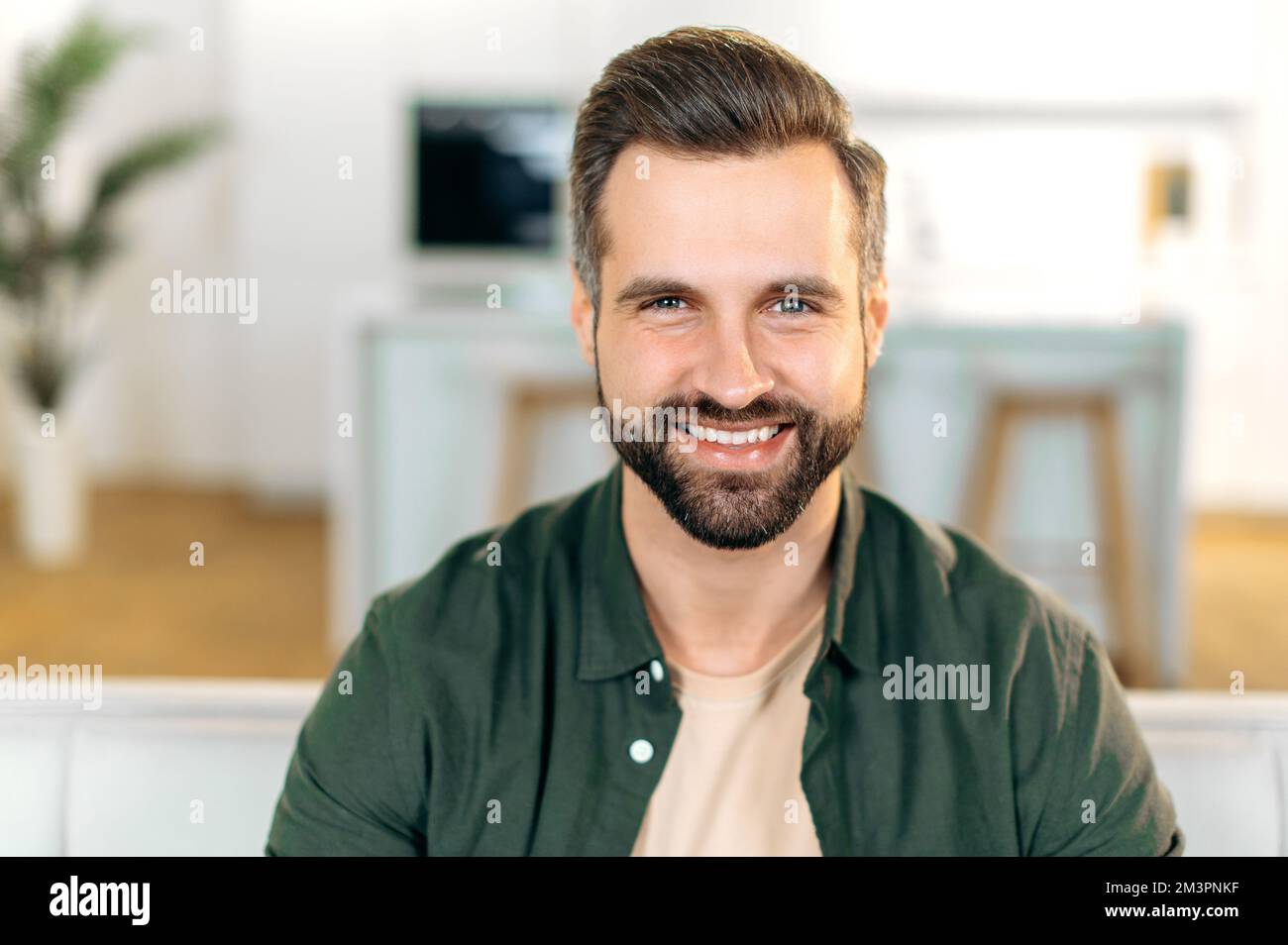 Foto di un bel carismatico attraente uomo caucasico bearded, indossando una camicia elegante casual, seduto a casa, guardando la macchina fotografica, sorridendo amichevole e felice Foto Stock