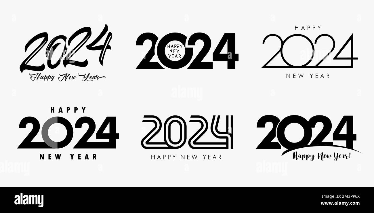 Grande set di 2024 Happy New Year nero logo design. Collezione creativa di 2024 simboli del nuovo anno. modello di design a 2024 numeri. Illustrazione vettoriale Illustrazione Vettoriale