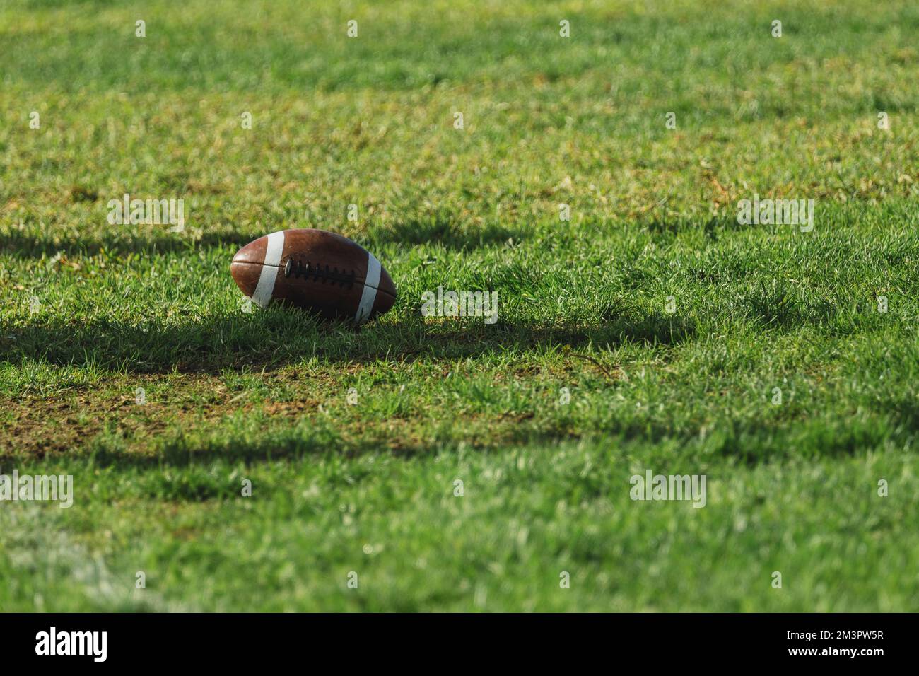 Una palla Gridiron, chiamata anche pelle di maiale, sull'erba verde. Foto Stock