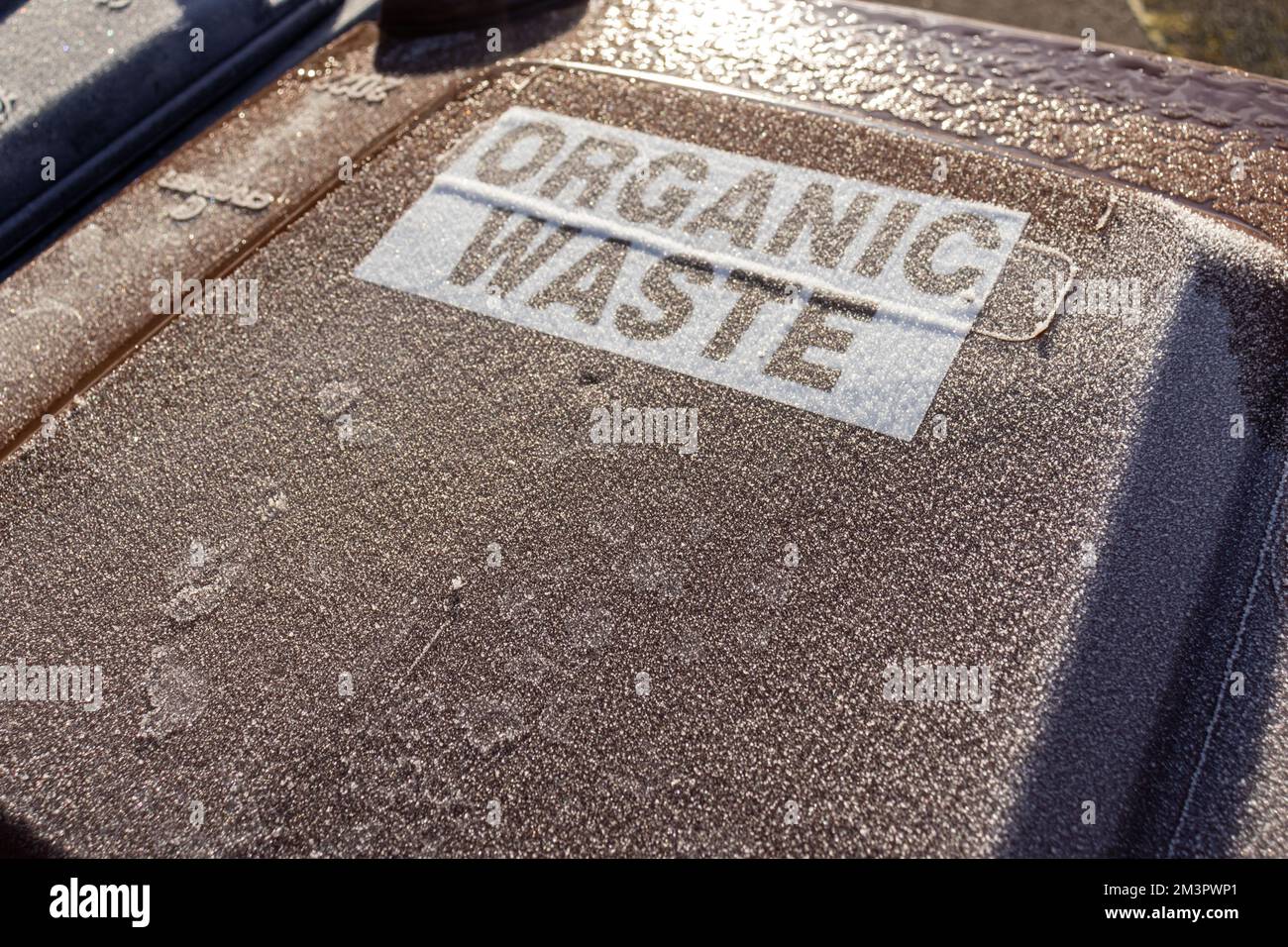 Coperchio del contenitore marrone per rifiuti organici in inverno coperto da gelo, ghiaccio e neve, primo piano. Foto Stock