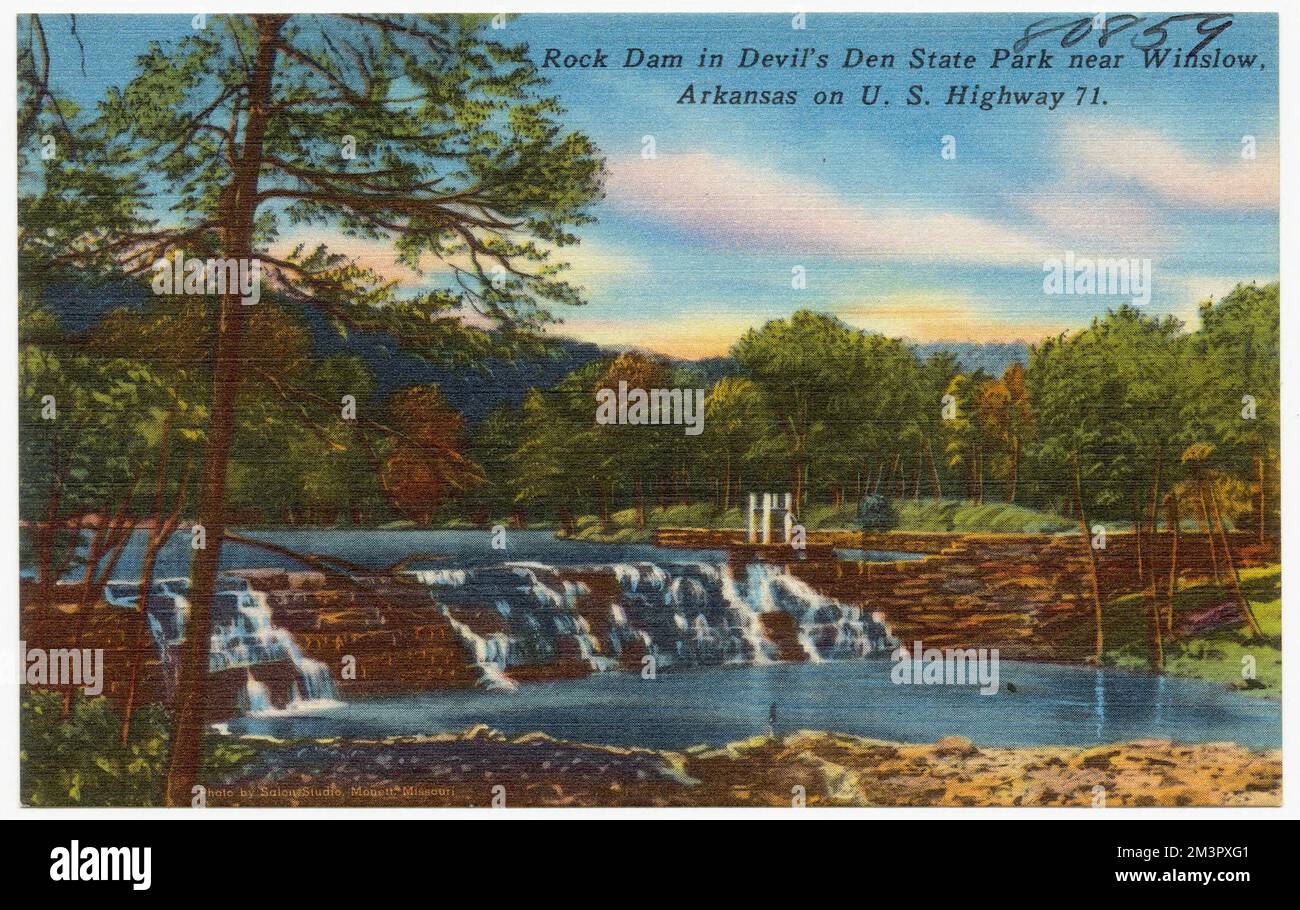 Rock Dam nel Devil's Den state Park vicino a Winslow Arkansas sulla US Highway 71 , dighe, parchi, Tichnor Brothers Collection, cartoline degli Stati Uniti Foto Stock