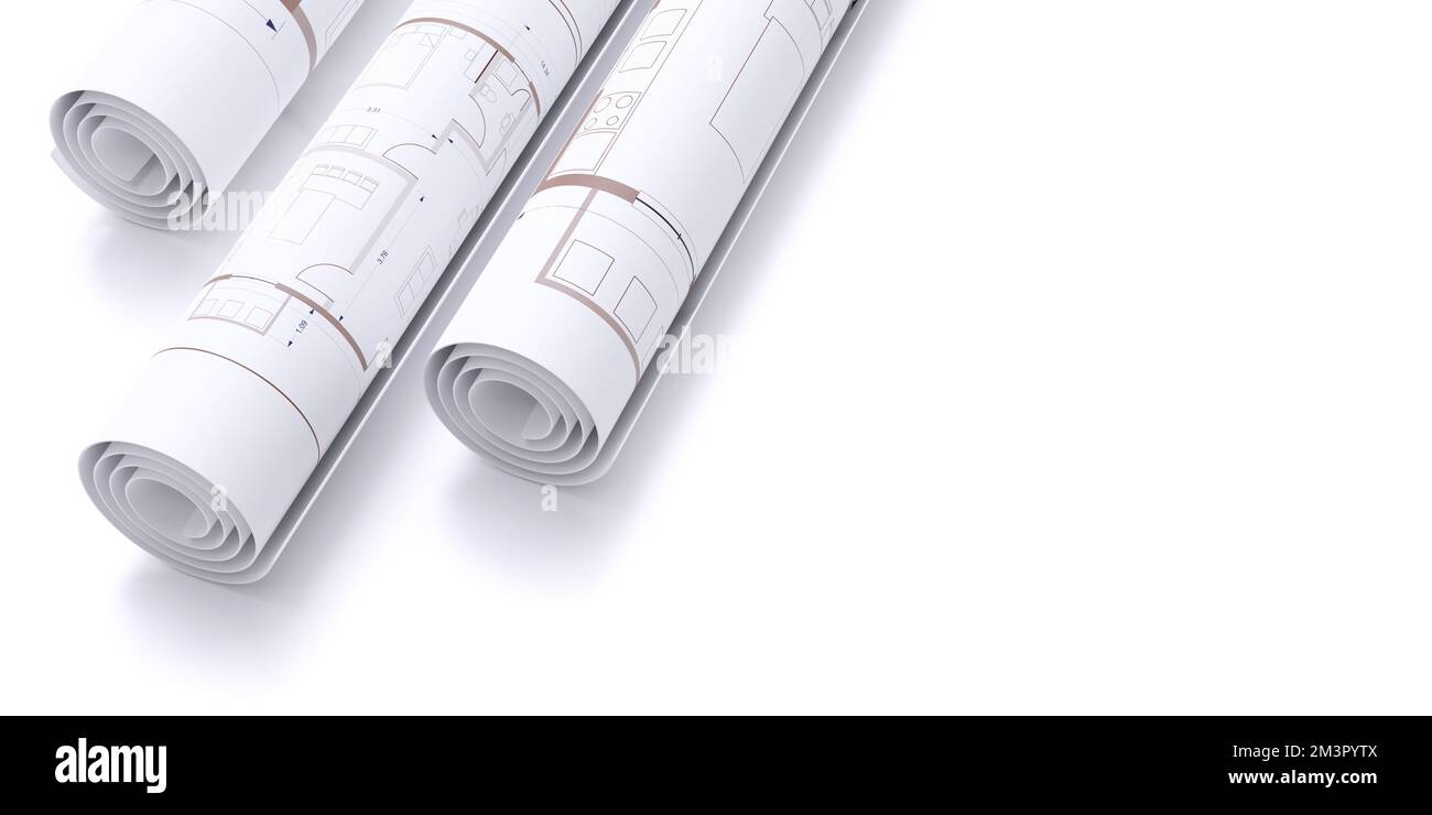 Concetto di progetto di costruzione. Architettura BluePrint scorre su sfondo di colore bianco, primo piano sopra la vista. rendering 3d Foto Stock