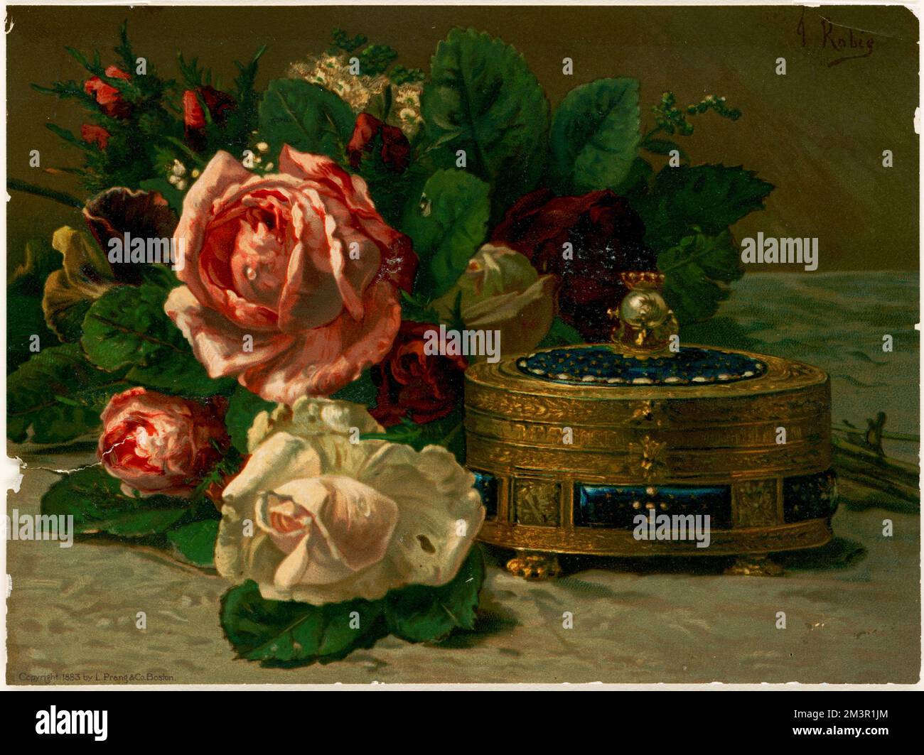 Bouquet di rose accanto alla scatola di gioielli, Roses. Louis Prang & Company Collection Foto Stock