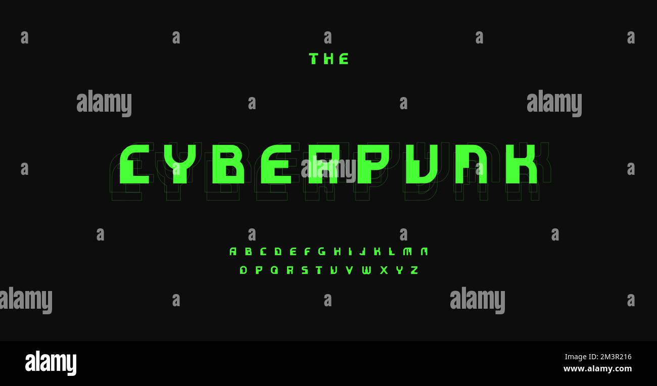 Font cyberpunk, typeset digitale retrò. Alfabeto verde hacker, tipo insolito pixel. Lettere Cyber Tech per hud microchip, network ai, database UI Illustrazione Vettoriale