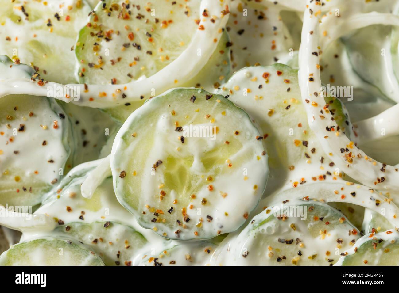 Cetrioli di panna acida fatti in casa con cipolle in una ciotola Foto Stock