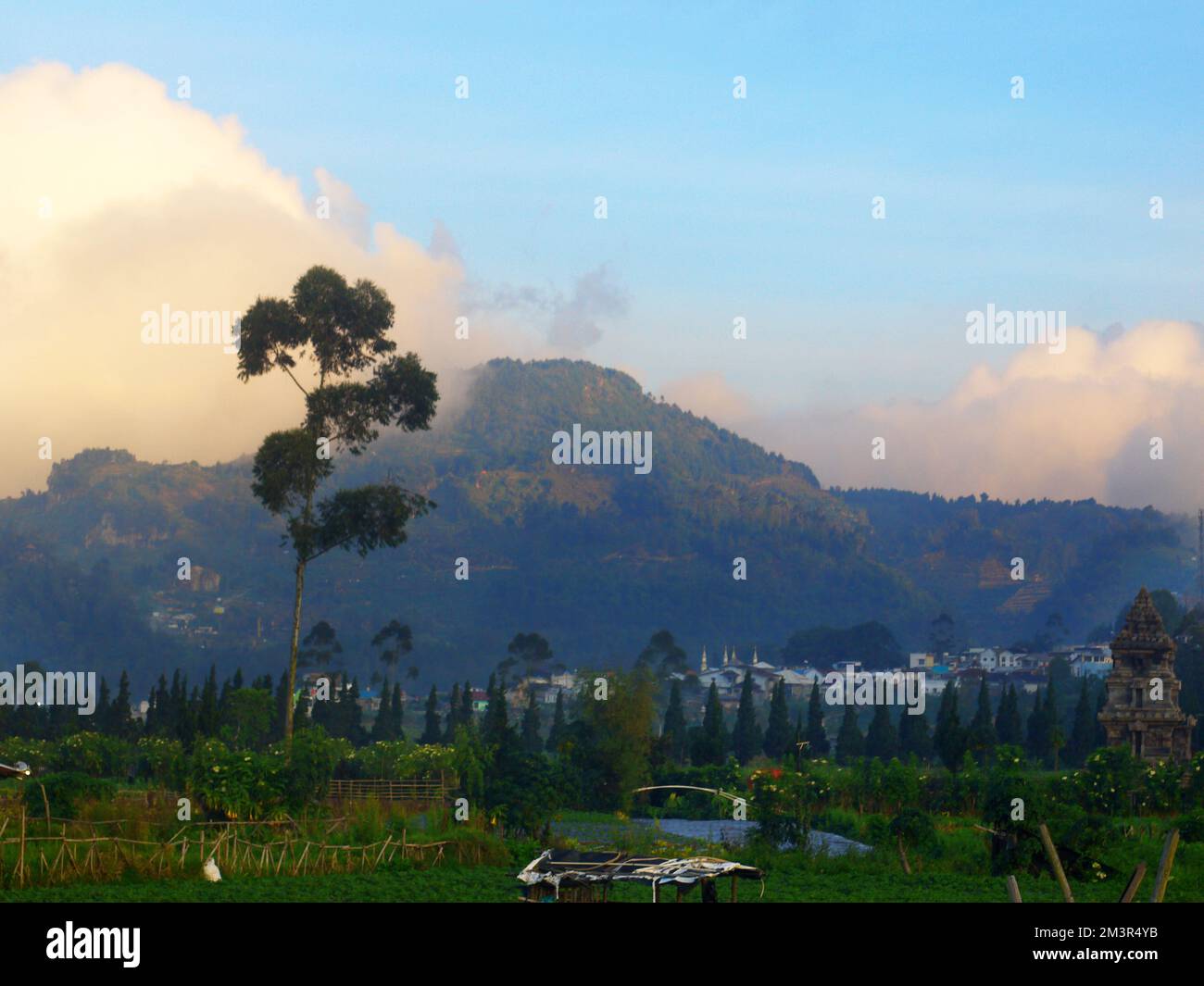 Paesaggio dell'altopiano di Dieng con fondo montano e cielo blu Foto Stock