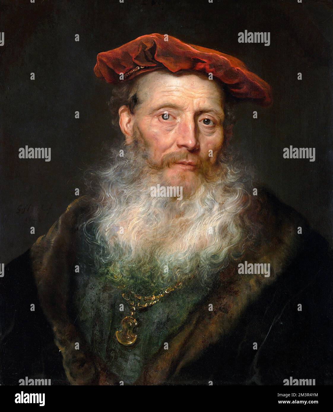 Barbuto con cappuccio di velluto di Govert Flinck (1615-1660), olio su legno, 1645 Foto Stock