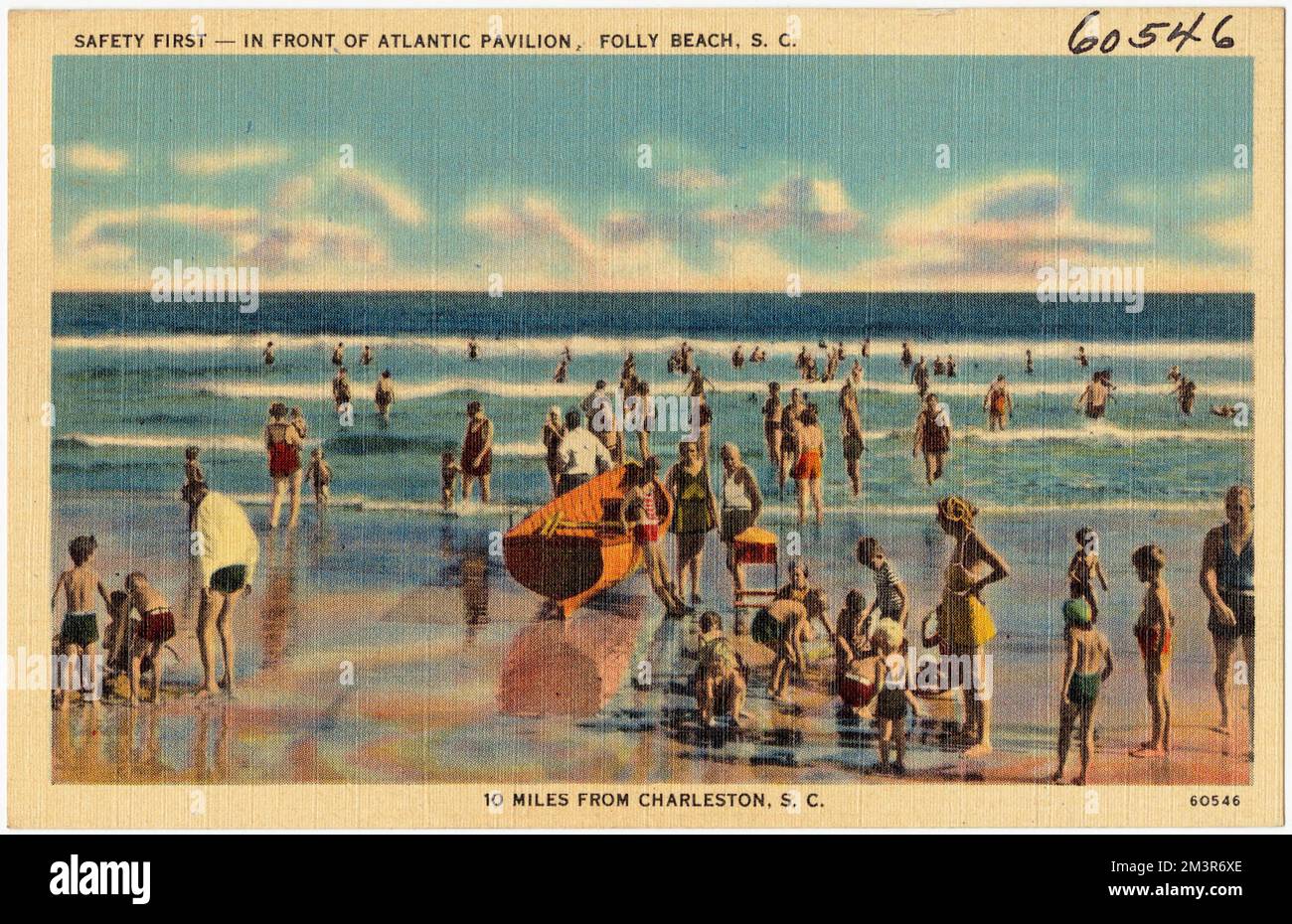 Safety First -- di fronte all'Atlantic Pavilion, Folly Beach, S. C., a 10 miglia da Charleston, S. C., Mari, spiagge, Tichnor Brothers Collection, Cartoline degli Stati Uniti Foto Stock