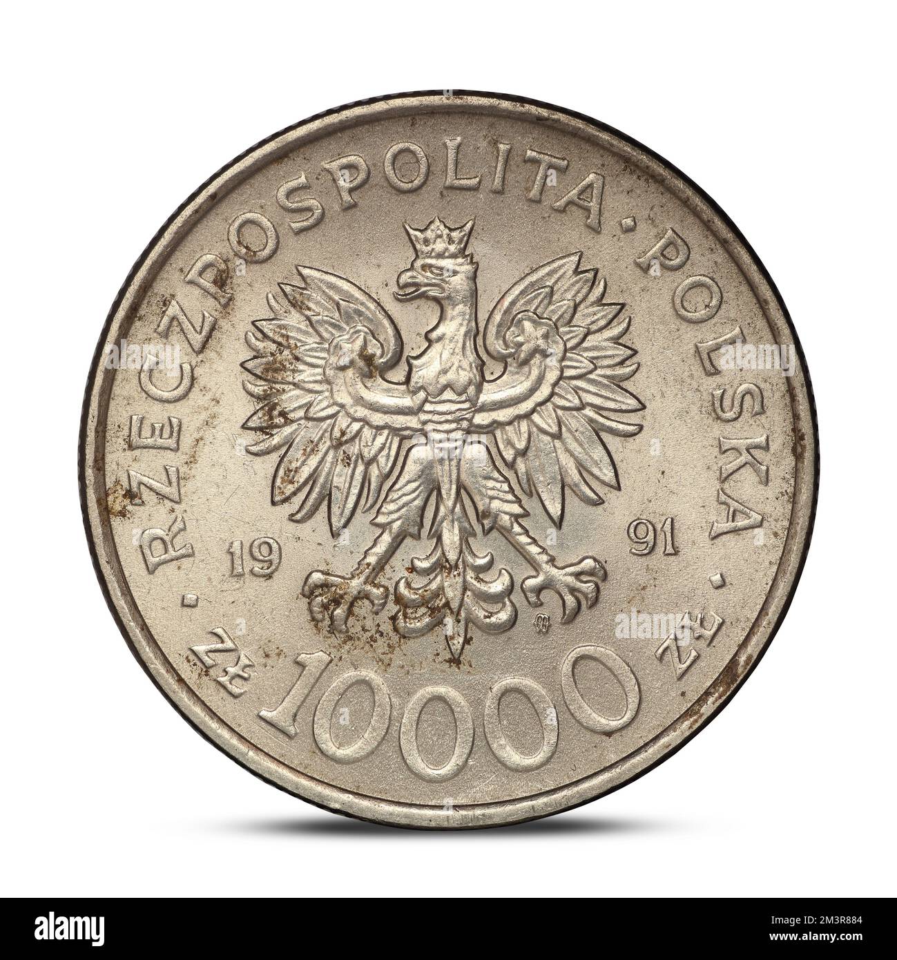 Moneta commemorativa polacca del 1991 che passa la costituzione su sfondo bianco Foto Stock