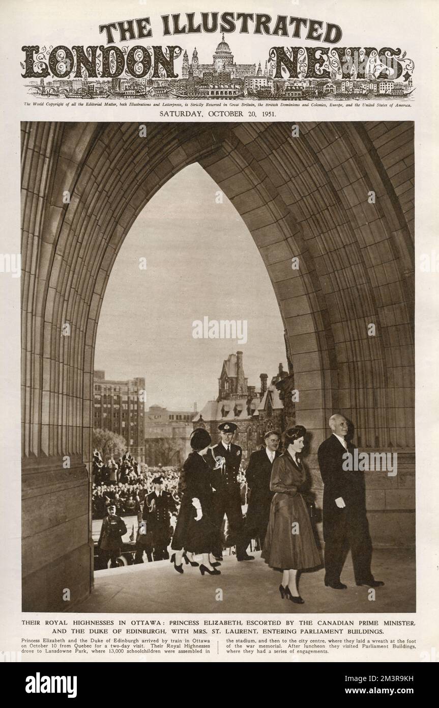 La copertina del notiziario illustrato di Londra che mostra la principessa Elisabetta e il Duca di Edimburgo entrare negli edifici del parlamento con il primo Ministro canadese. Data: 1951 Foto Stock