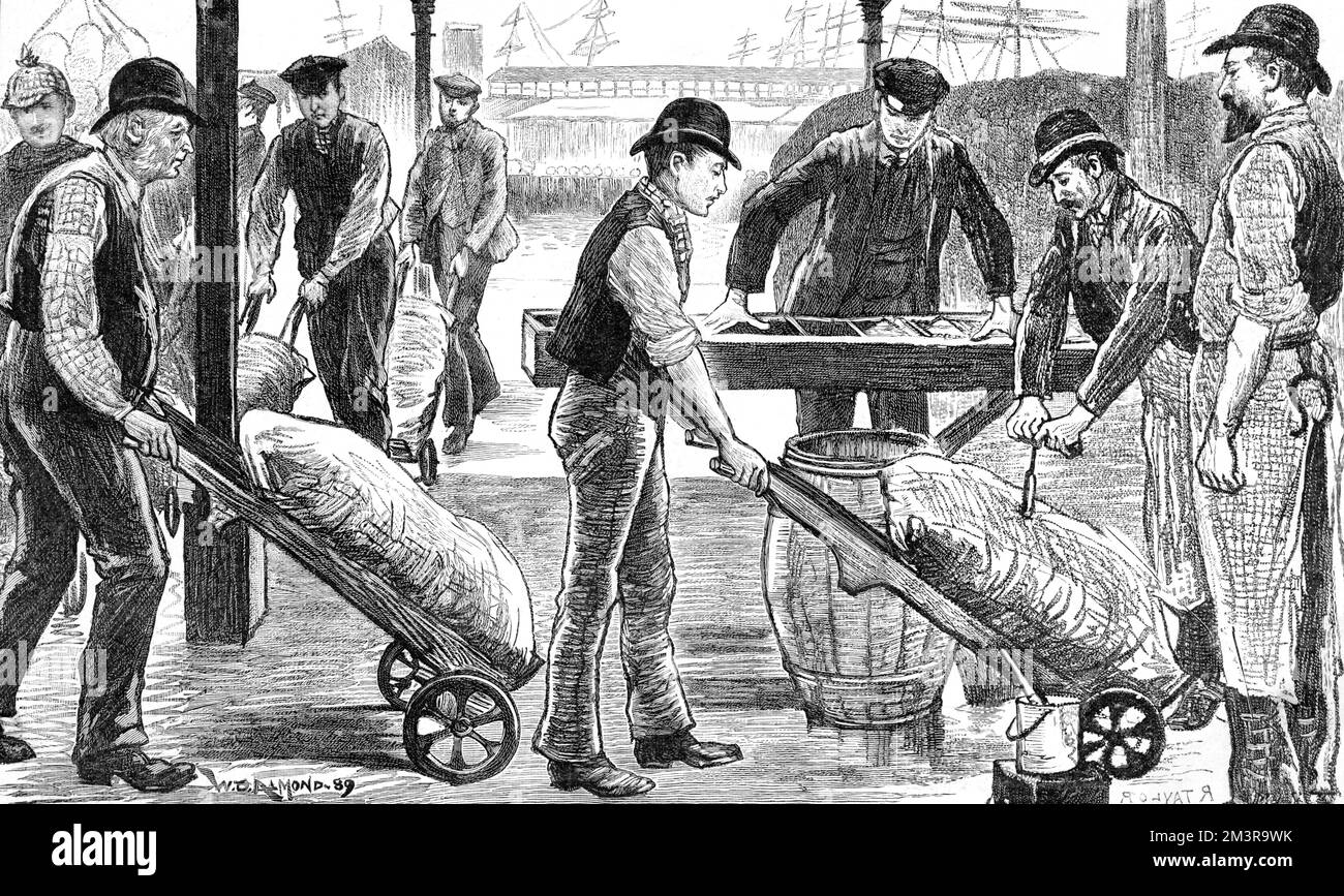 I portuali scaricano lo zucchero presso i moli dell'India occidentale, Londra 1889 Foto Stock