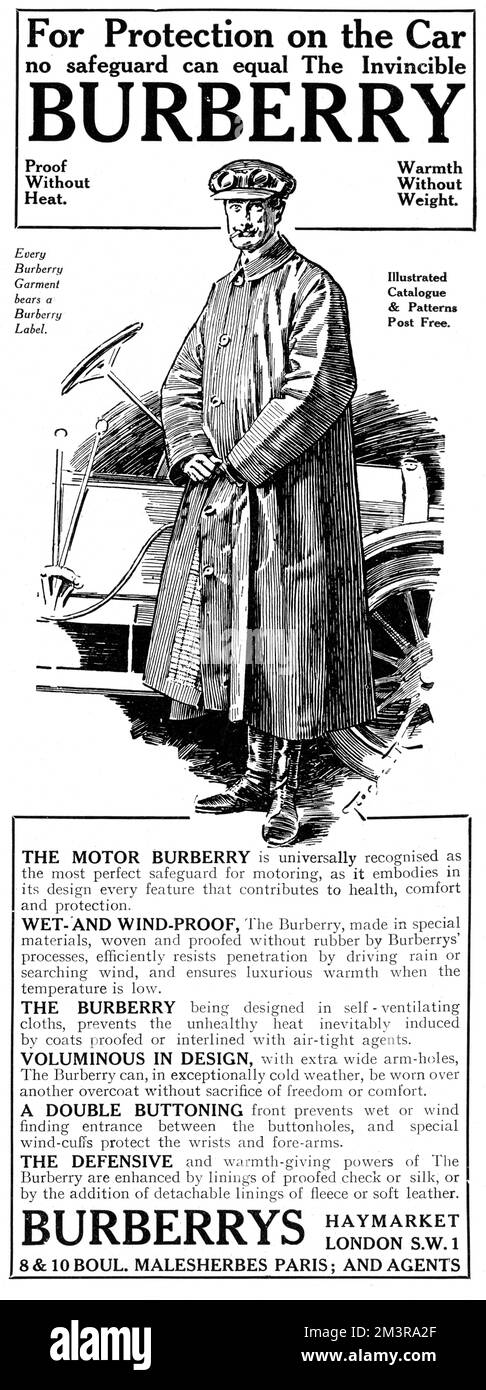 Motor Burberry, universalmente riconosciuto come la più perfetta salvaguardia per l'automobilismo in quanto incarna nel suo design ogni caratteristica che contribuisce alla salute, al comfort e alla protezione. Data: 1919 Foto Stock