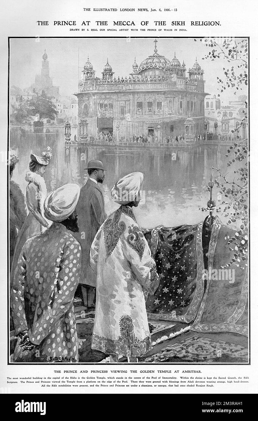 Il Principe e la Principessa di Galles (in seguito Re Giorgio V e la Regina Maria), durante il loro tour in India, vedendo il Tempio d'Oro ad Amritsar, che si trova nel Pool of Immortality. Il Principe e la Principessa hanno visto il Tempio da una piattaforma sul lato della piscina. Lì sono stati accolti con benedizioni dai devoti Akali. Data: 1906 Foto Stock