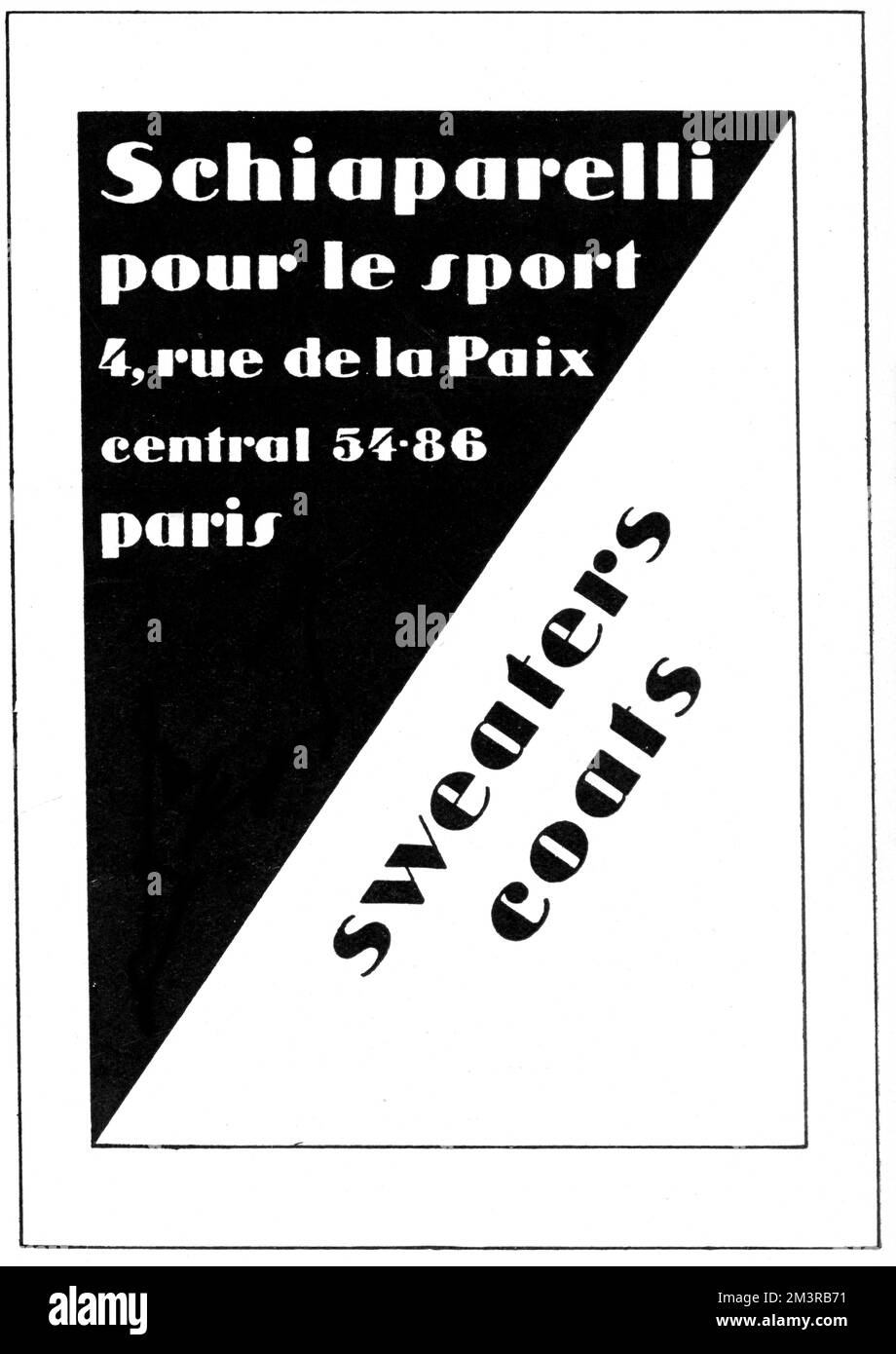 Pubblicità per il primo negozio di Elsa Schiaparelli, pour le Sport, nel 4, Rue de la Paix, a Parigi. La sua prima collezione consisteva in maglieria, ma nel 1928 la collezione si espanse per includere costumi da bagno, skiwear e abiti di lino. Data: 1928 Foto Stock
