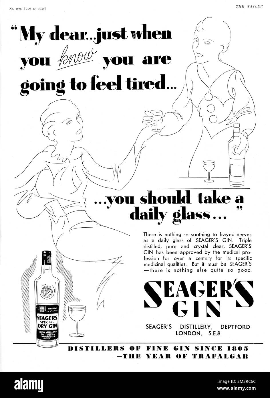 Pubblicità per il gin di Seager, con un certo metodo perfettamente logico di persuasione. Se ti senti un po' stanco, 'allora dovresti prendere un bicchiere quotidiano'. Consigli utili. Dopo tutto, "non c'è niente di così rilassante per i nervi sfilacciati come un bicchiere quotidiano di gin di Seager". Data: 1935 Foto Stock