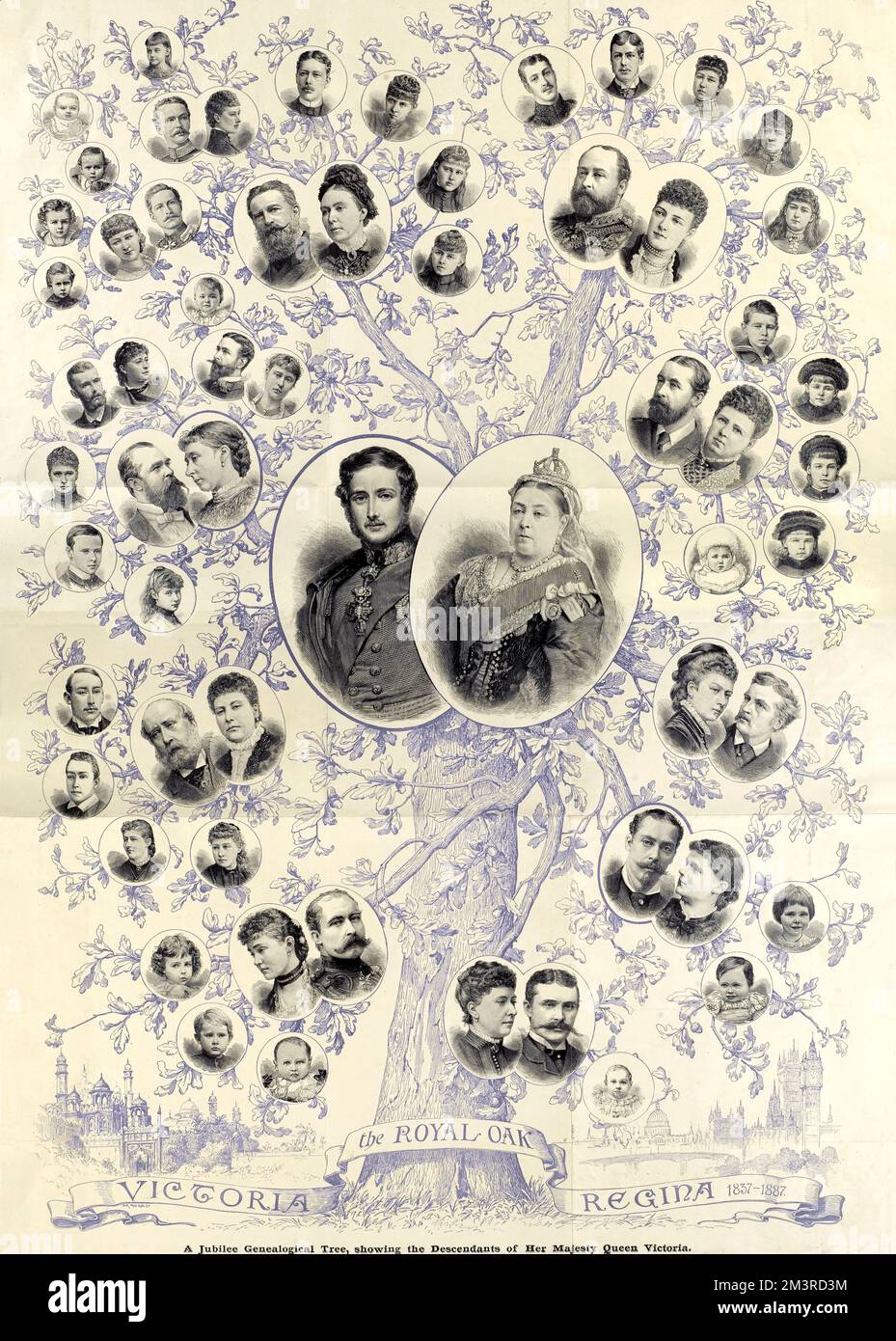 Albero genealogico della Regina Vittoria e dei suoi discendenti, pubblicato in occasione del Giubileo d'Oro del 1887. 1887 Foto Stock