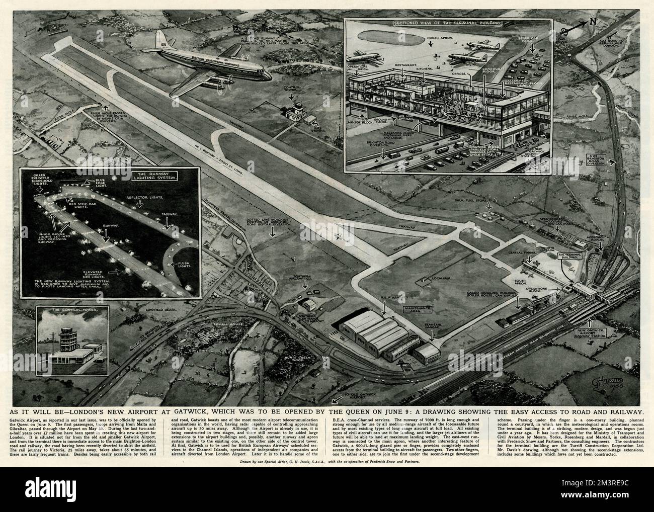 Illustrazione di George Horace Davis, che mostra i collegamenti stradali e ferroviari con il nuovo aeroporto internazionale di Gatwick e la pista lunga 7000ft con luci riflettenti. La Regina Elisabetta II, ufficiale, ha riaperto il nuovo aeroporto di Gatwick il 9th giugno 1958, costando più di 7,8 milioni di dollari. 1958 Foto Stock