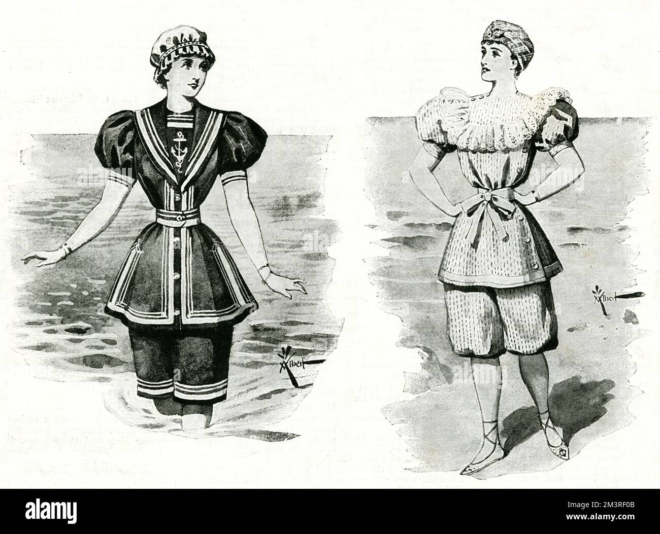 Signore vittoriane che indossano abiti da bagno 1895 Foto Stock