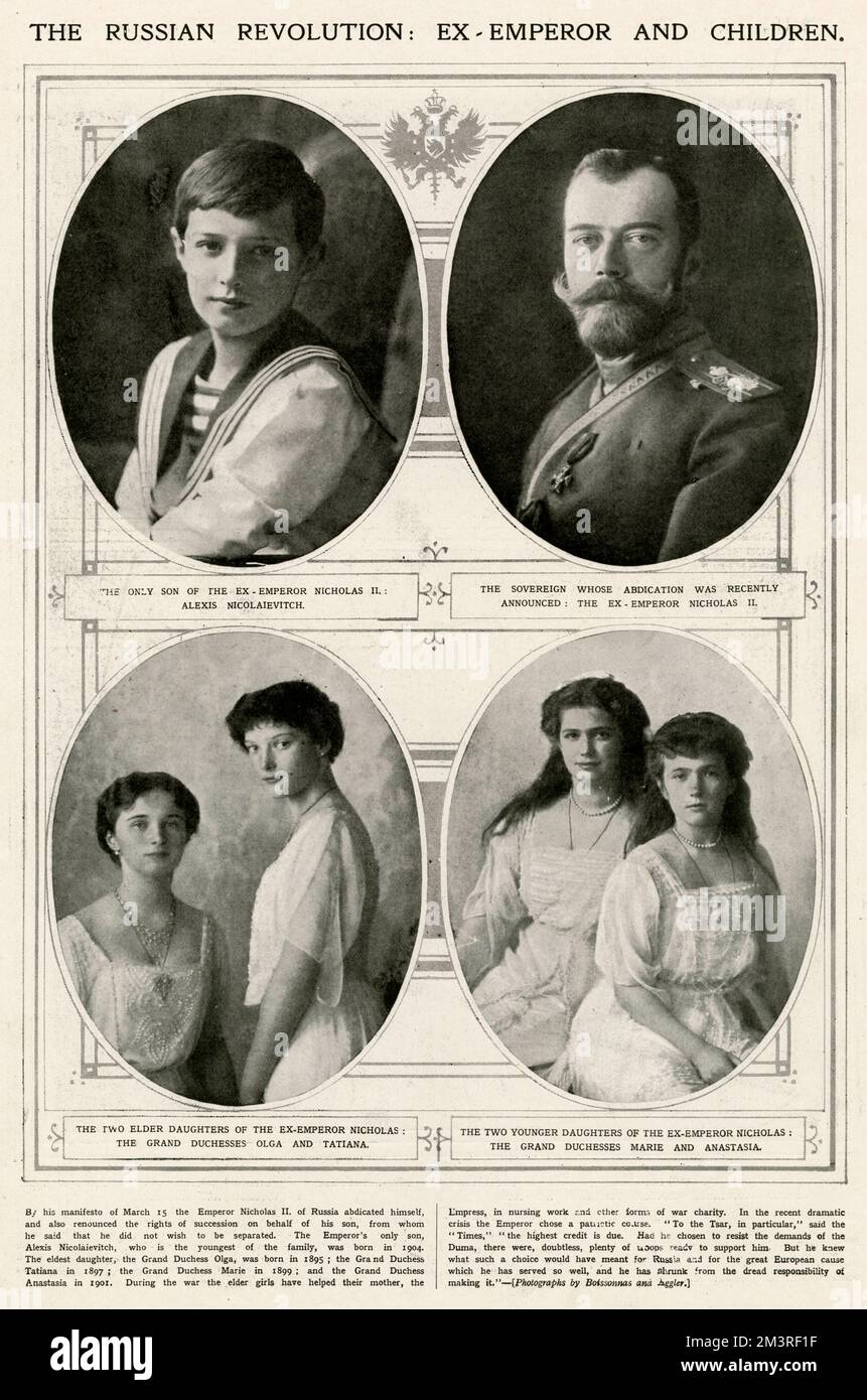 Nicola II di Russia (1868 - 1918), ultimo zar di Russia, dal 1 novembre 1894 fino alla sua abdicazione forzata il 15 marzo 1917. (In alto a sinistra) Alexei Nikolaevich, Tsarevich di Russia (1904 - 1918) figlio unico, (in basso a sinistra) due figlie maggiori le Granduchesse Olga Nikolaevna (1895 - 1918) e Tatiana Nikolaevna (1897 - 1918) e le Granduchesse Maria Nikolaevna (1899 - 1918) e Anastasia Nikolaevna (1901 - 1918). Tutte giustiziate dai bolscevichi il 17 luglio 1918. Data: 1917 Foto Stock