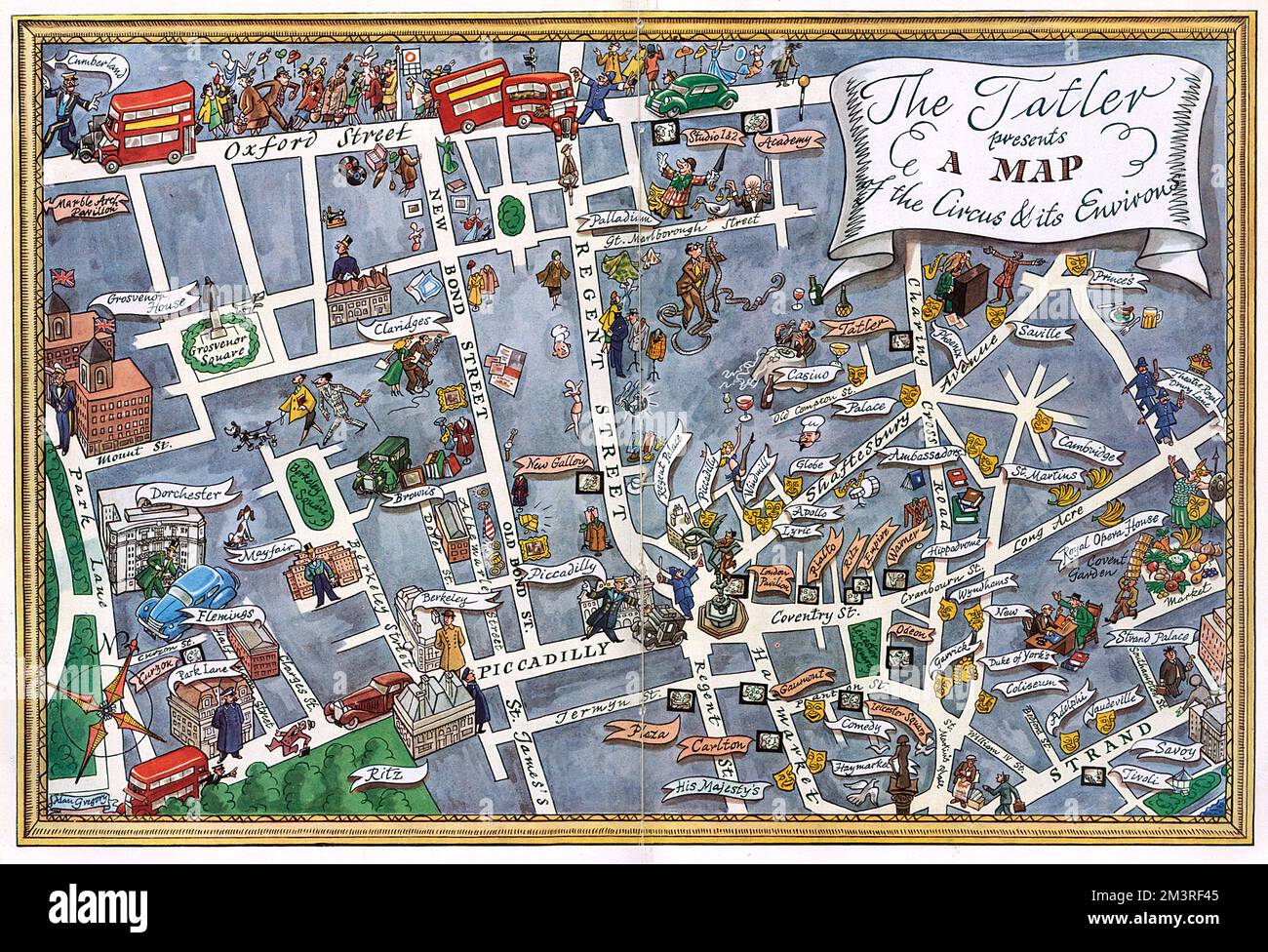 Una mappa del West End di Londra con Piccadilly Circus al suo centro. Famosi teatri, locali notturni, cinema e hotel sono contrassegnati da etichette decorative e disegni simbolici. Data: 1950 Foto Stock