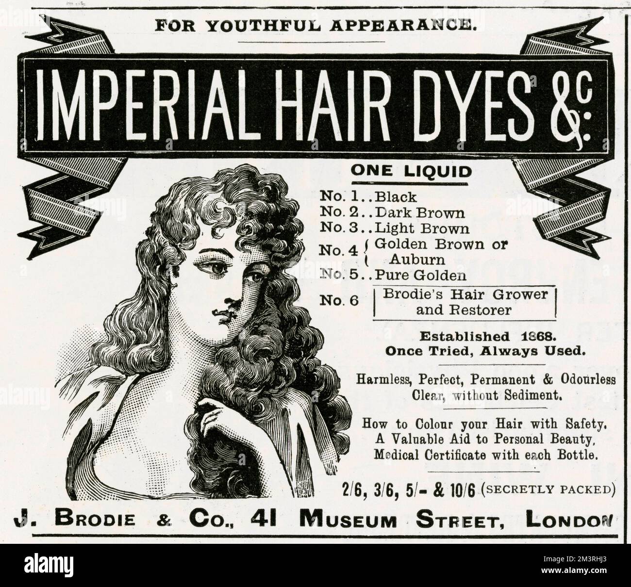 Tintura permanente e inodore per capelli in 6 colori; marrone dorato nero, scuro e marrone chiaro o auburn, oro puro e coltivatore e restauratore di capelli di brodie. 1896 Foto Stock