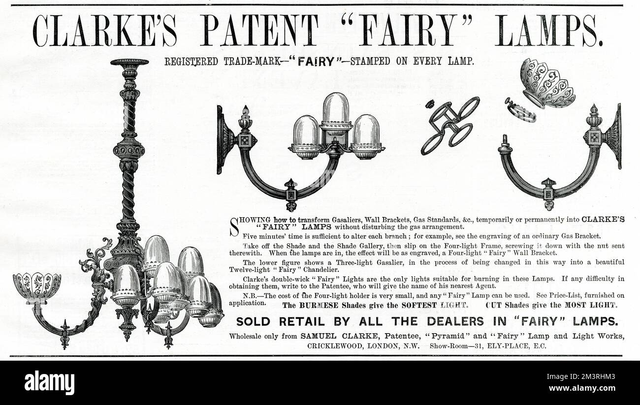 Pubblicità per le lampade Clarke Patent 'Fairy', che mostrano come trasformare temporaneamente i gasolieri, le staffe da parete, gli standard del gas ecc. nelle lampade Clarke 'Fairy' senza disturbare la disposizione del gas. 1888 Foto Stock