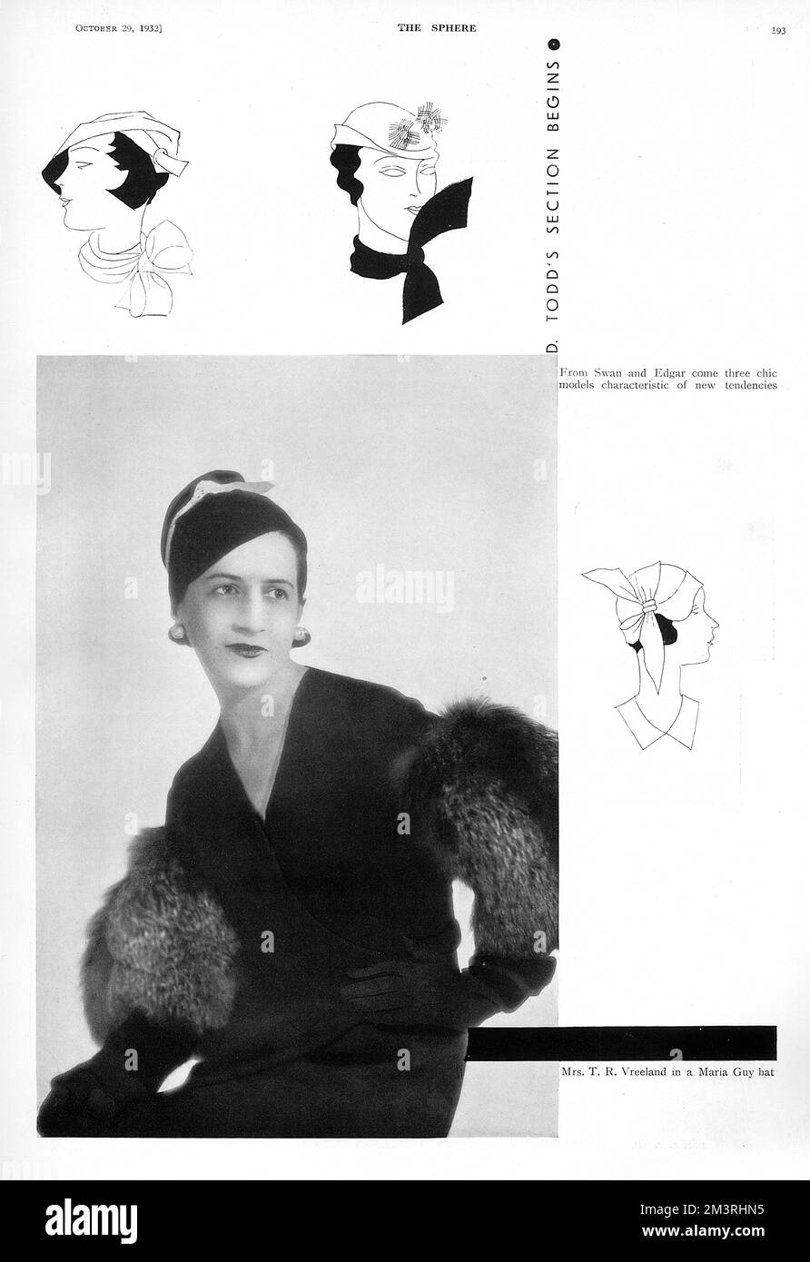 Diana Vreeland (19031989) con cappello Maria Guy. Vreeland è stato un noto editorialista ed editore nel campo della moda, lavorando per Harper's Bazaar e Vogue e come consulente speciale al Costume Institute del Metropolitan Museum of Art Data: 1932 Foto Stock