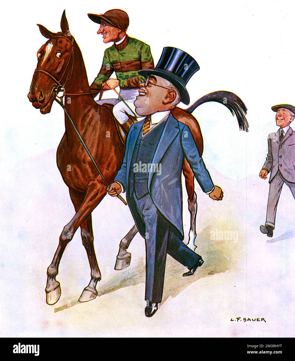 Caricatura dell'Aga Khan con Blenheim, il cavallo da corsa britannico Thoroughbred che vinse l'Epsom Derby nel 1930 guidato dal jockey Harry Wragg. 1930 Foto Stock