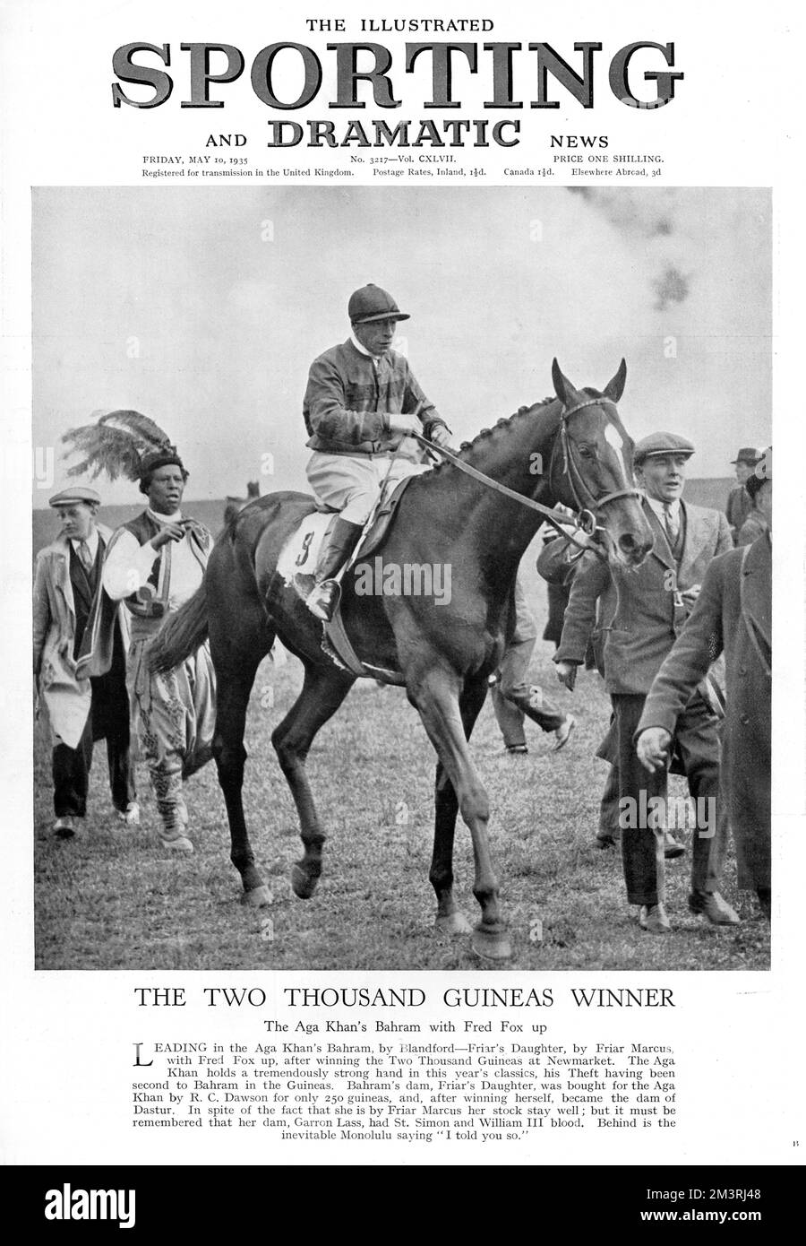 Il duemila Guineas vincitore: Il cavallo Bahram di Aga Khan, guidato da Fred Fox a Newmarket, 1935. Ras Prince Monolulu è un titolo da corsa che si può vedere sullo sfondo. Data: 1935 Foto Stock