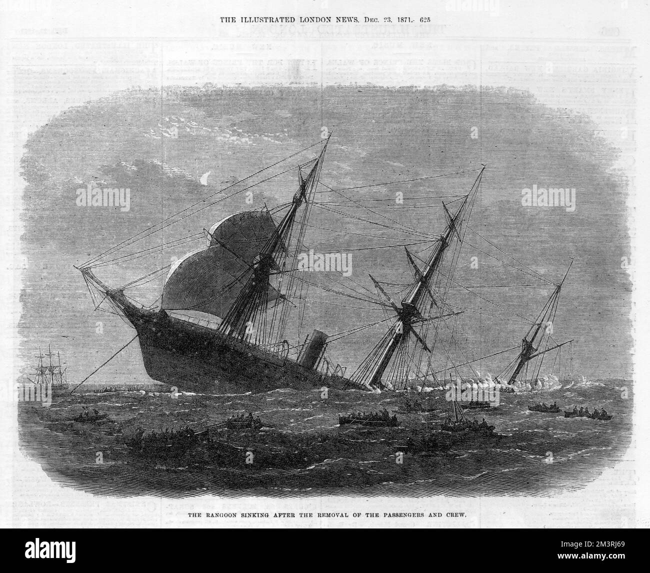 Il piroscafo per posta P&amp;o Rangoon affondò dopo la rimozione dei passeggeri e dell'equipaggio. La nave fu accidentalmente scappata sulle rocce quando lasciò il porto di Galle nello Sri Lanka, dove alla fine affondò. 1871 Foto Stock