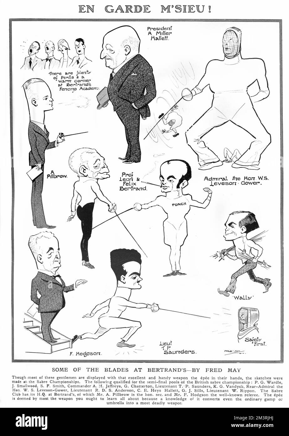 Membri del Sabre Club il cui quartier generale era a Bertrand caricatured da Fred May nel Tatler. Le figure includono il presidente A Miller Hallett, l'ammiraglio, l'on. W. S. Leveson-Gower, A. Pillbrow, il prof. Leon e Felix Bertrand F. Hodgson e Lieut T. P. Saunders. 1930 Foto Stock