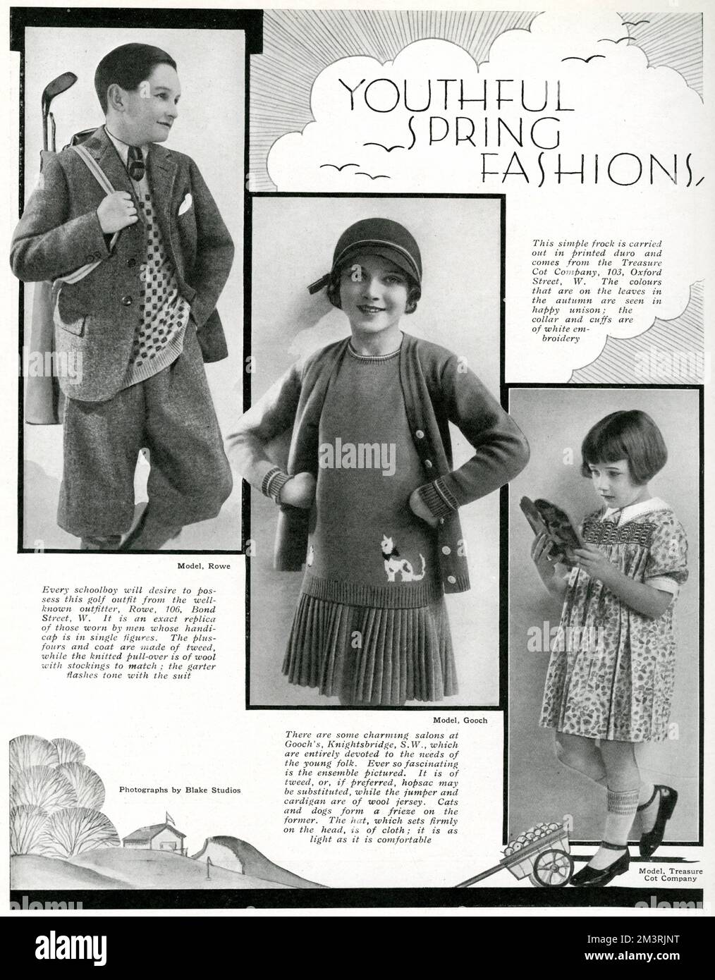 Abbigliamento per bambini per la primavera del 1930. In alto a sinistra è mostrato un vestito da golf per ragazzi di Rowe (proprio come papà!). L'immagine centrale è un elegante outfit in Jersey di lana e tweed di Gooch's. Infine, una semplice frock fumé in duro stampato dalla Treasure Cot Company. Data: 1930 Foto Stock