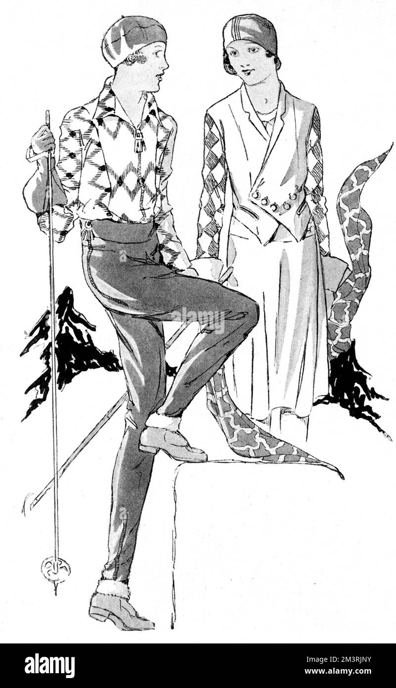 Abiti in pelle per gli sport invernali, 1930 Foto Stock