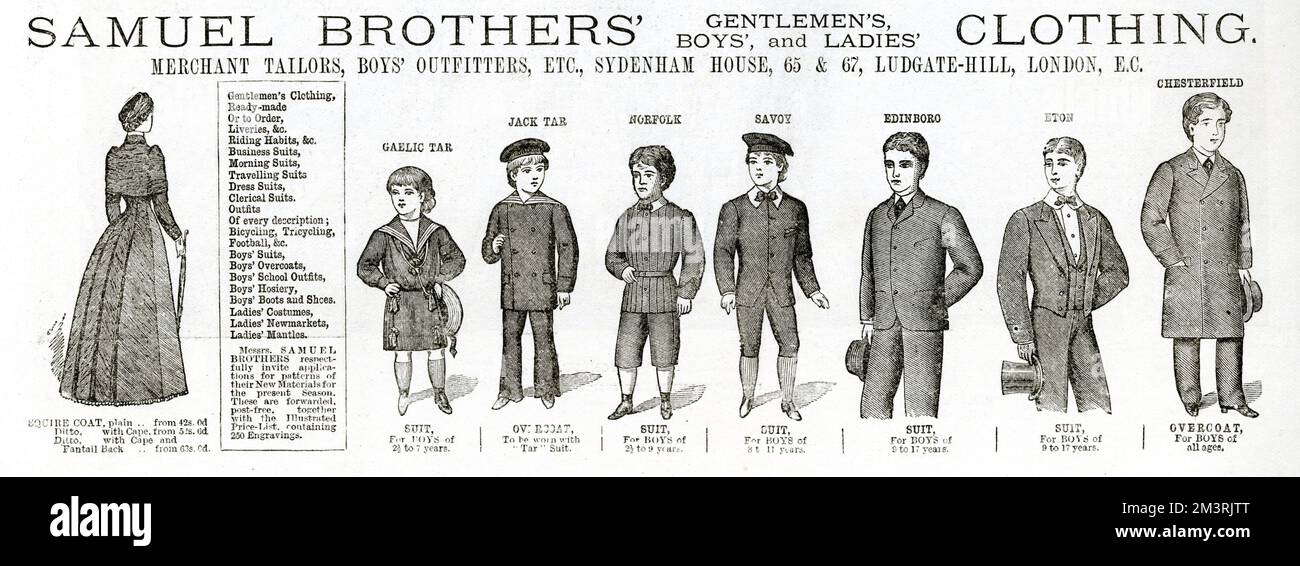 Selezione di abbigliamento per ragazzi di diverse età. 1884 Foto Stock