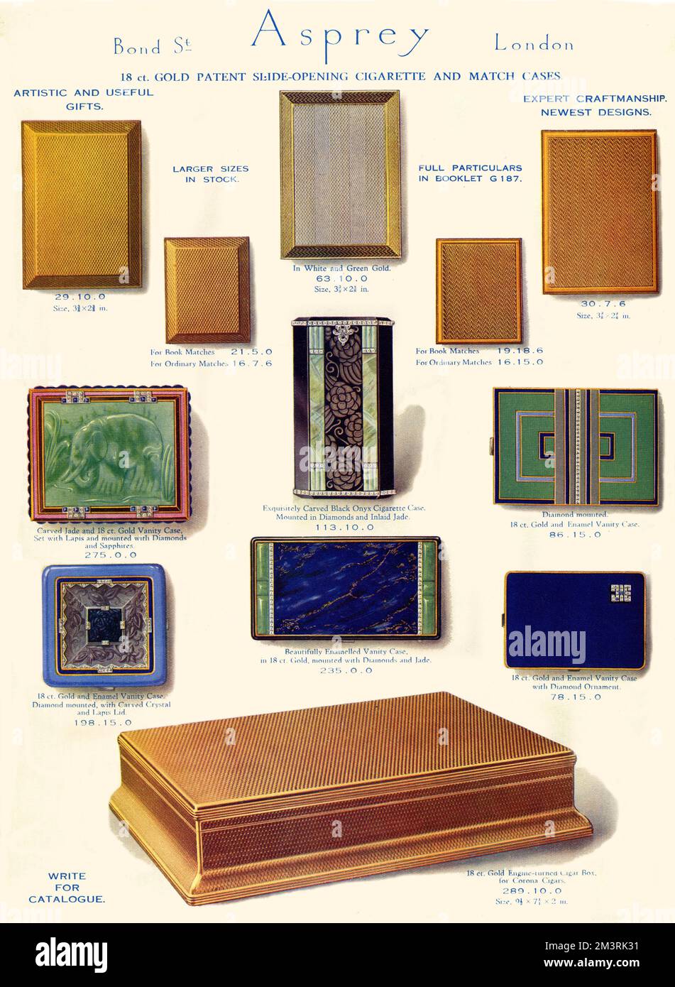 Pubblicità per il marchio britannico di lusso gamma Asprey di sigarette e match case. 1929 Foto Stock