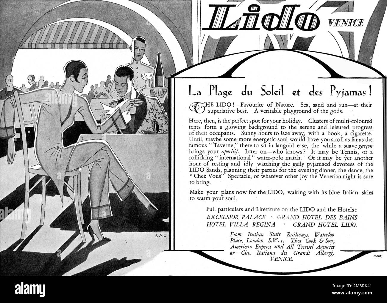 Un annuncio per alberghi al Lido di Venezia. 1927 Foto Stock