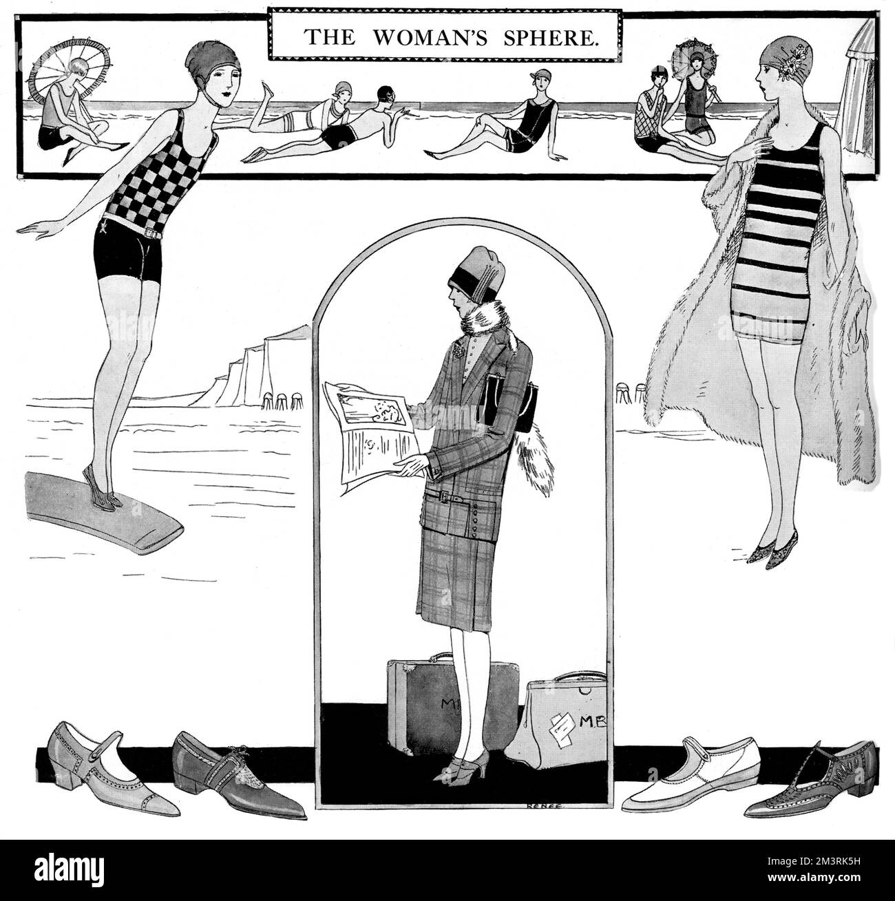 L'illustrazione di copertina della sezione femminile di The Sphere presenta una serie di abiti alla moda. La donna di destra pratica un costume da bagno americano a strisce di vespa, mentre la donna di sinistra è di lana canadiana controllata - entrambe da Lily-white di Piccadilly. La donna in basso, invece, indossa un abito tweed sartoriale progettato da Kenneth Durward. 1927 Foto Stock